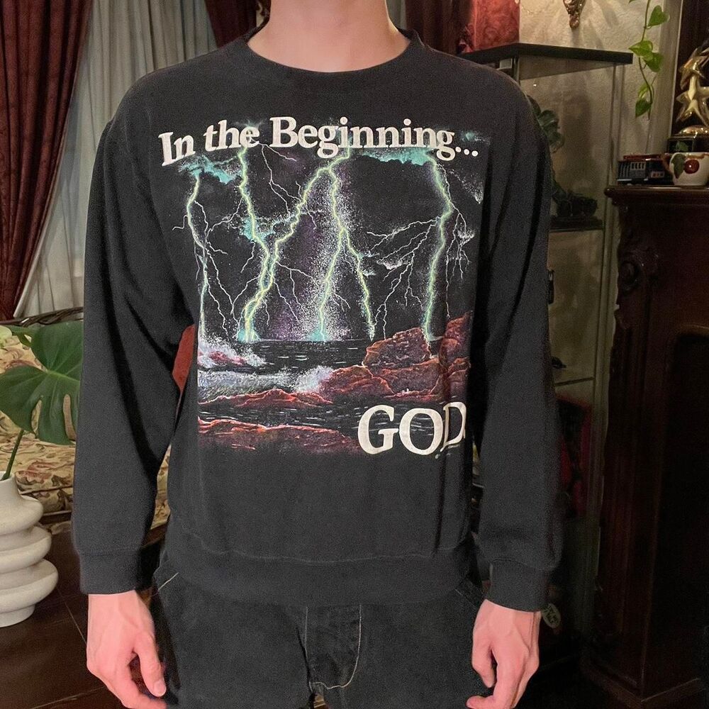 Vintage 80s Super Rare “In The Beginning…GOD” Thick Black Crewneck Sweater!